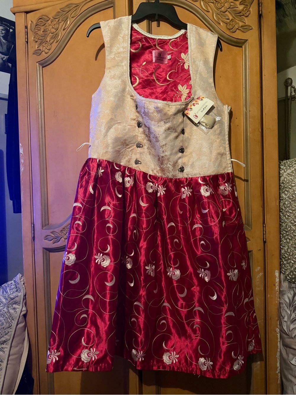 Women's Burgundy and Cream dirndl Dress with Embroidered Skirt - Picture 2 of 12